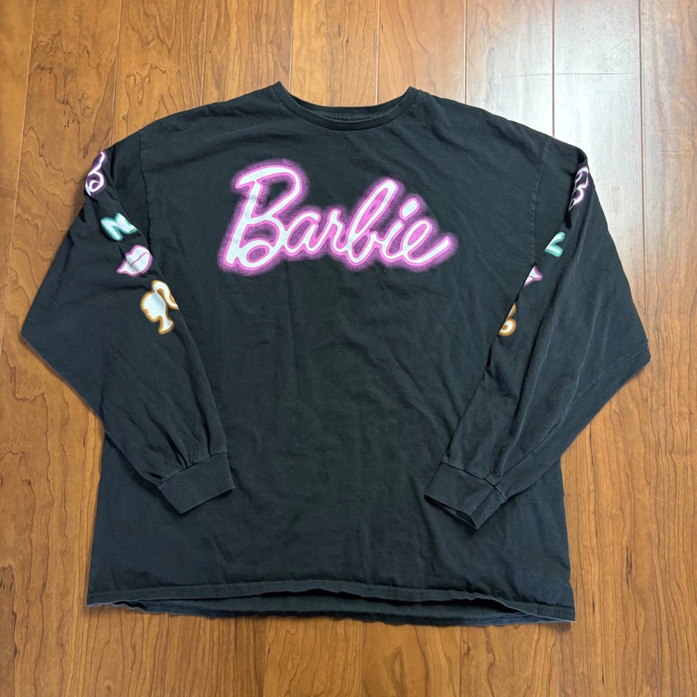 Barbie Long Sleeve T-Shirt Mens XL Black Airbrush Logo Graphic Sleeves Faded
